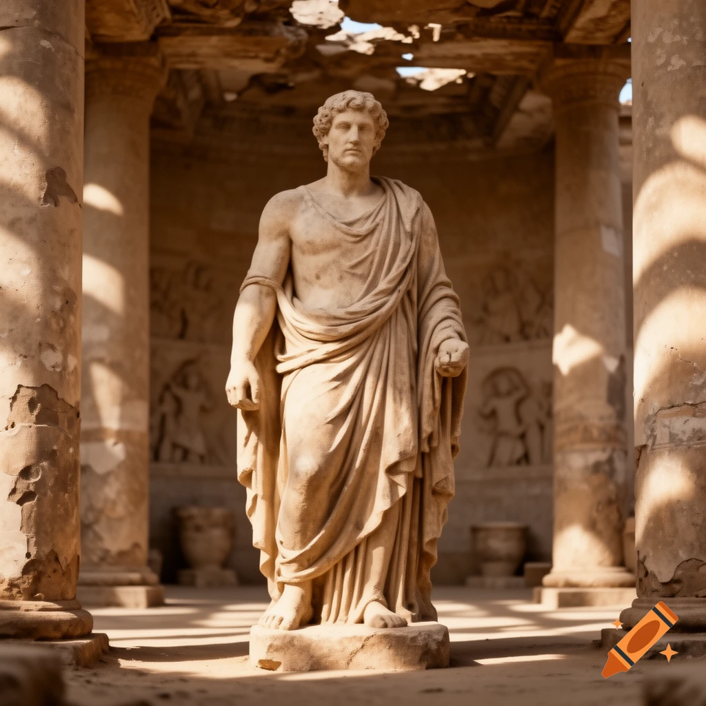 A photorealistic classical marble statue of a man in a toga stands amidst sunlit ancient ruins with columns and carvings.
