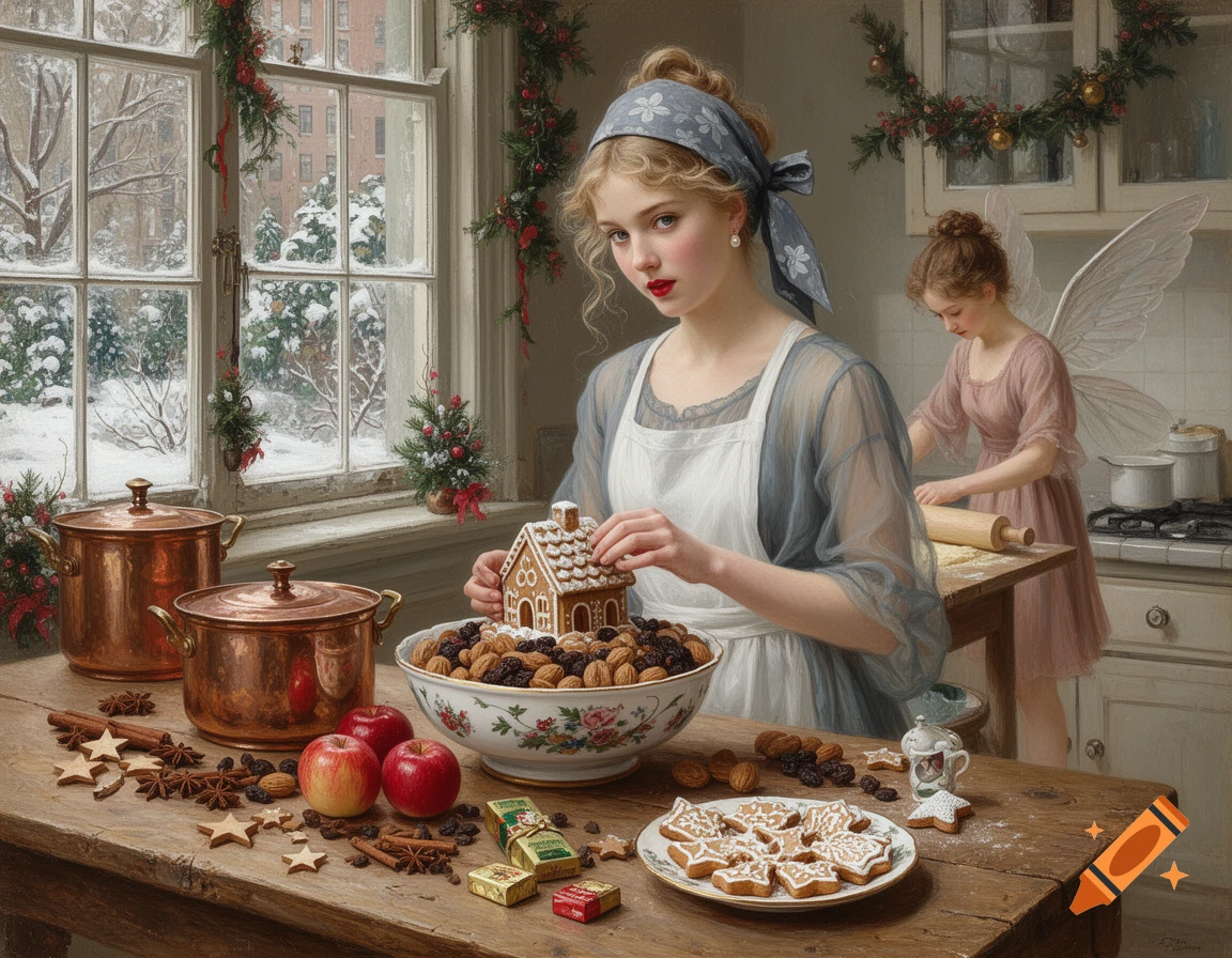 Two women, one a fairy, bake Christmas cookies and decorate a gingerbread house in a festive Victorian kitchen with a snowy view, painted in oil.