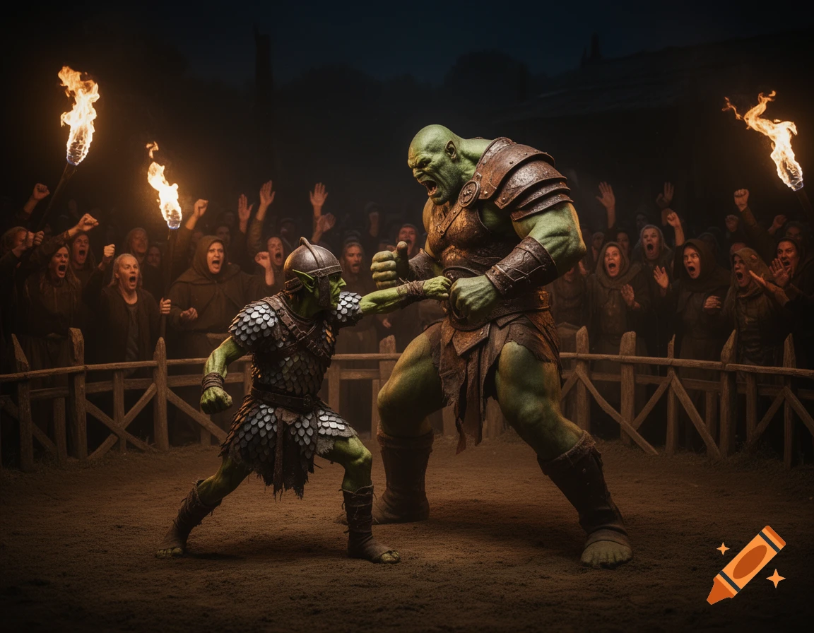 A small goblin punches a large orc in a torch-lit fighting pit, watched by a cheering crowd.