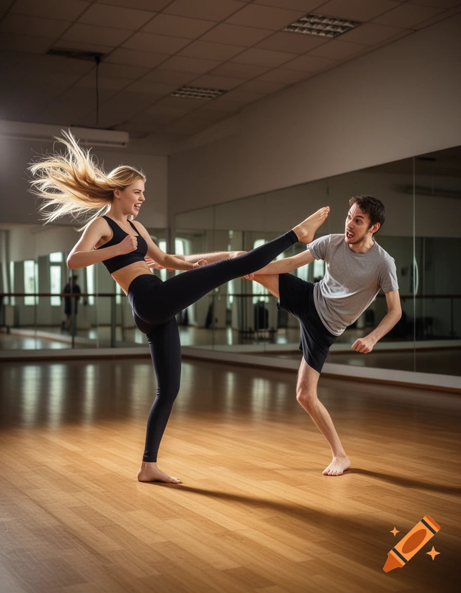 A blonde woman in athletic wear kicks a man in a gym, his face contorted in reaction, her hair flying.