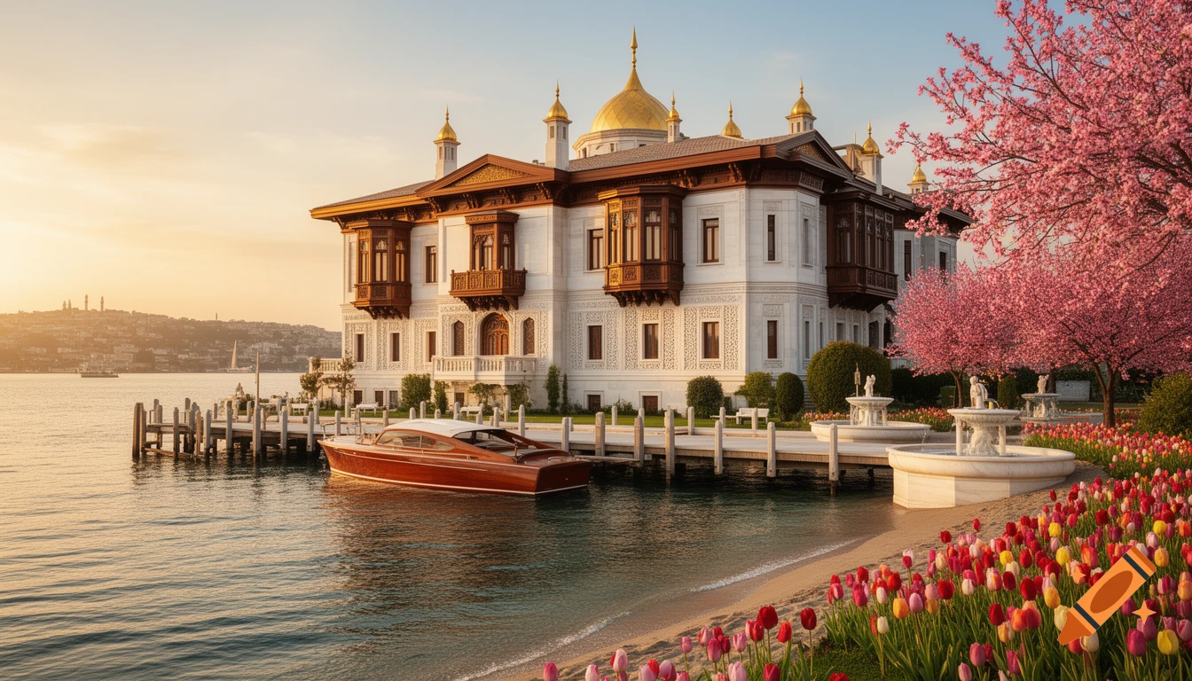 A photorealistic grand Turkish palace with golden domes by the Bosphorus at sunset, with a luxury boat, cherry blossoms, and tulips.