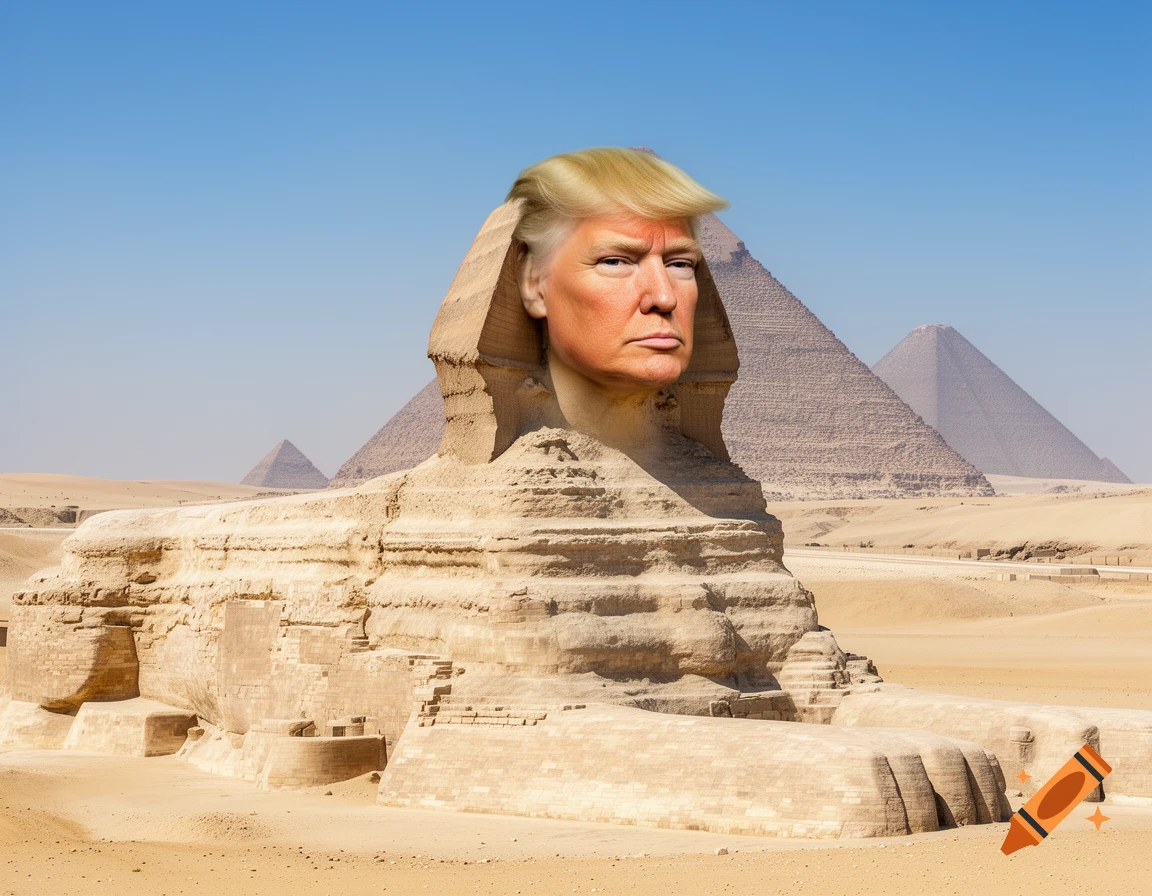 Photorealistic image of the Great Sphinx in Egypt with Donald Trump's head, desert and pyramids in the background.