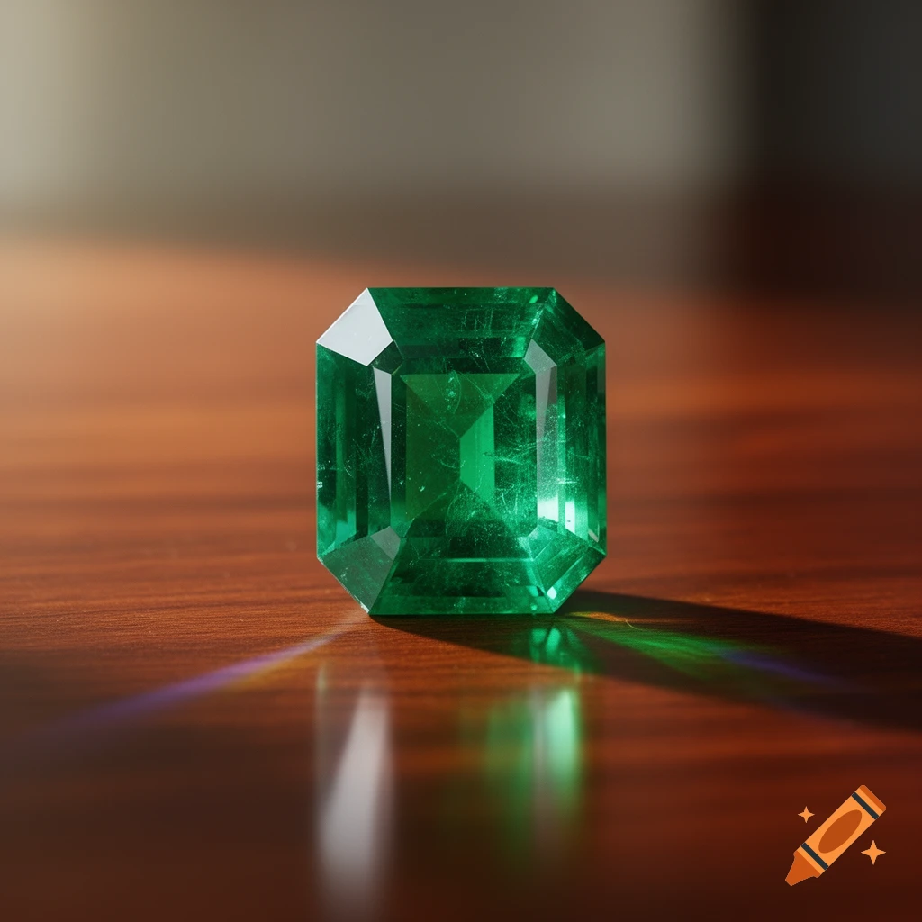 A close-up, photorealistic shot of a brilliant green emerald gemstone with sharp facets, sitting on a polished wooden surface, reflecting light.