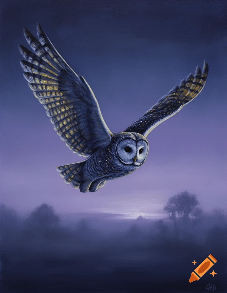 A painting of an owl with outstretched wings flying through a twilight sky over a misty landscape.
