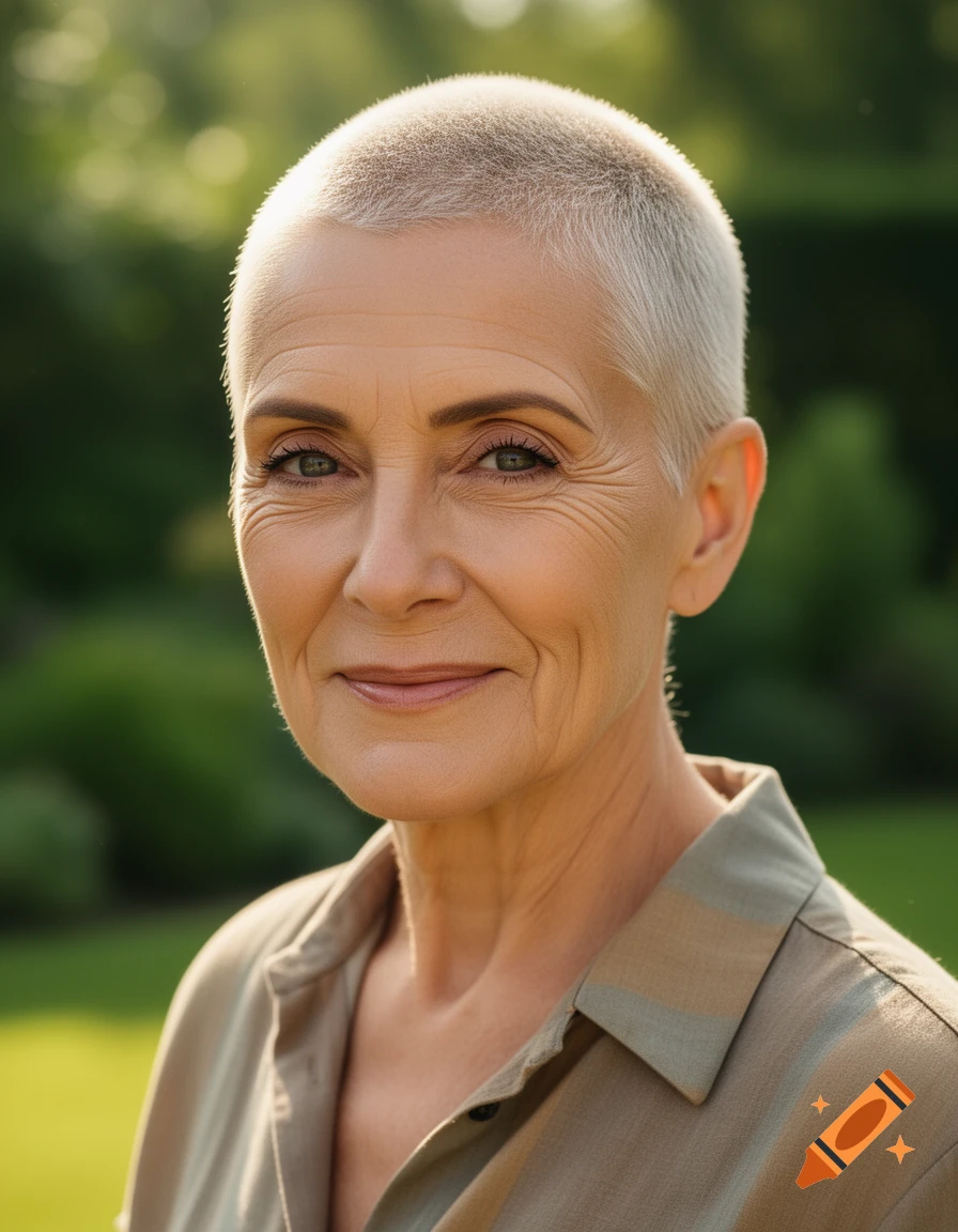 Photorealistic portrait of a smiling older woman with gray buzz cut hair and a light brown shirt, outdoors.