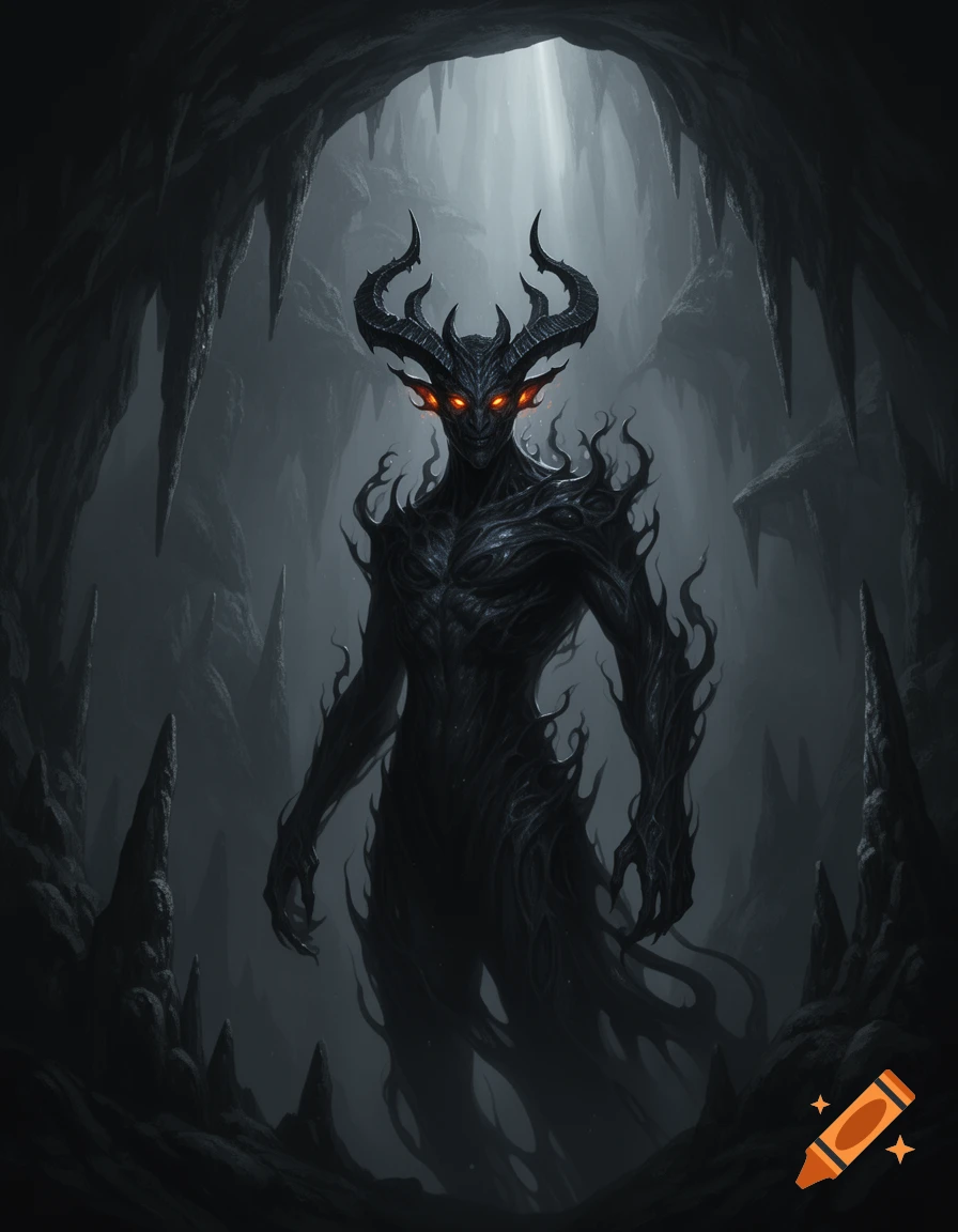 A dark, horned shadow creature with glowing red eyes stands in a misty cave with stalactites, depicted in a dark fantasy art style.