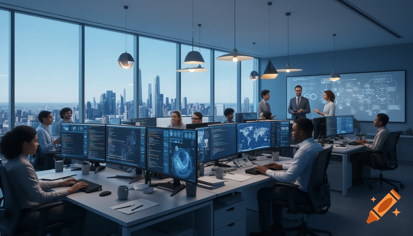 An advanced IT department office with large windows overlooking a city skyline. Employees work at desks with multiple monitors displaying code and data, while others discuss near a whiteboard.