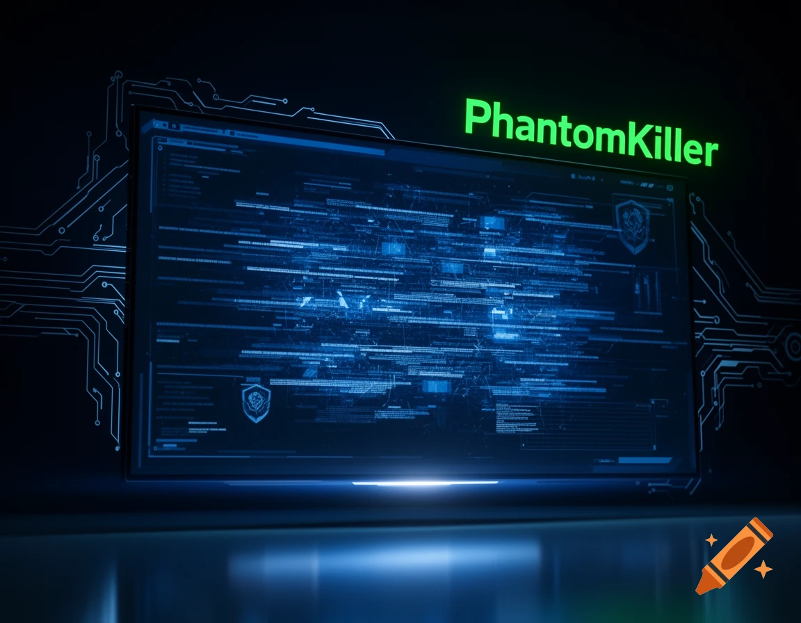 A glowing blue computer screen displays abstract code and the green text 'PhantomKiller' on a dark, futuristic background with circuit board lines.