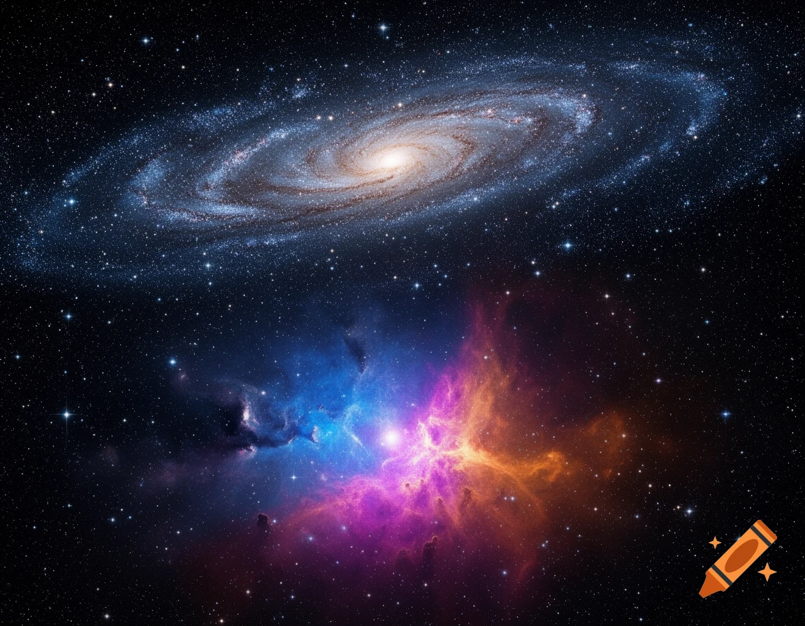 A vibrant spiral galaxy at the top and a colorful nebula with blue, purple, and orange hues at the bottom, against a dark, star-filled cosmic background.
