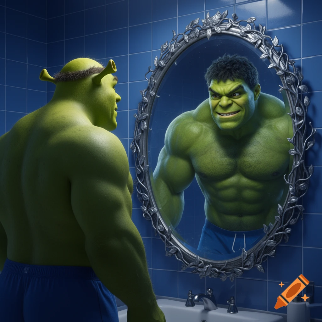Muscular Shrek stands in a tiled bathroom, looking into an ornate mirror where he sees his reflection as the Hulk, both wearing blue shorts.