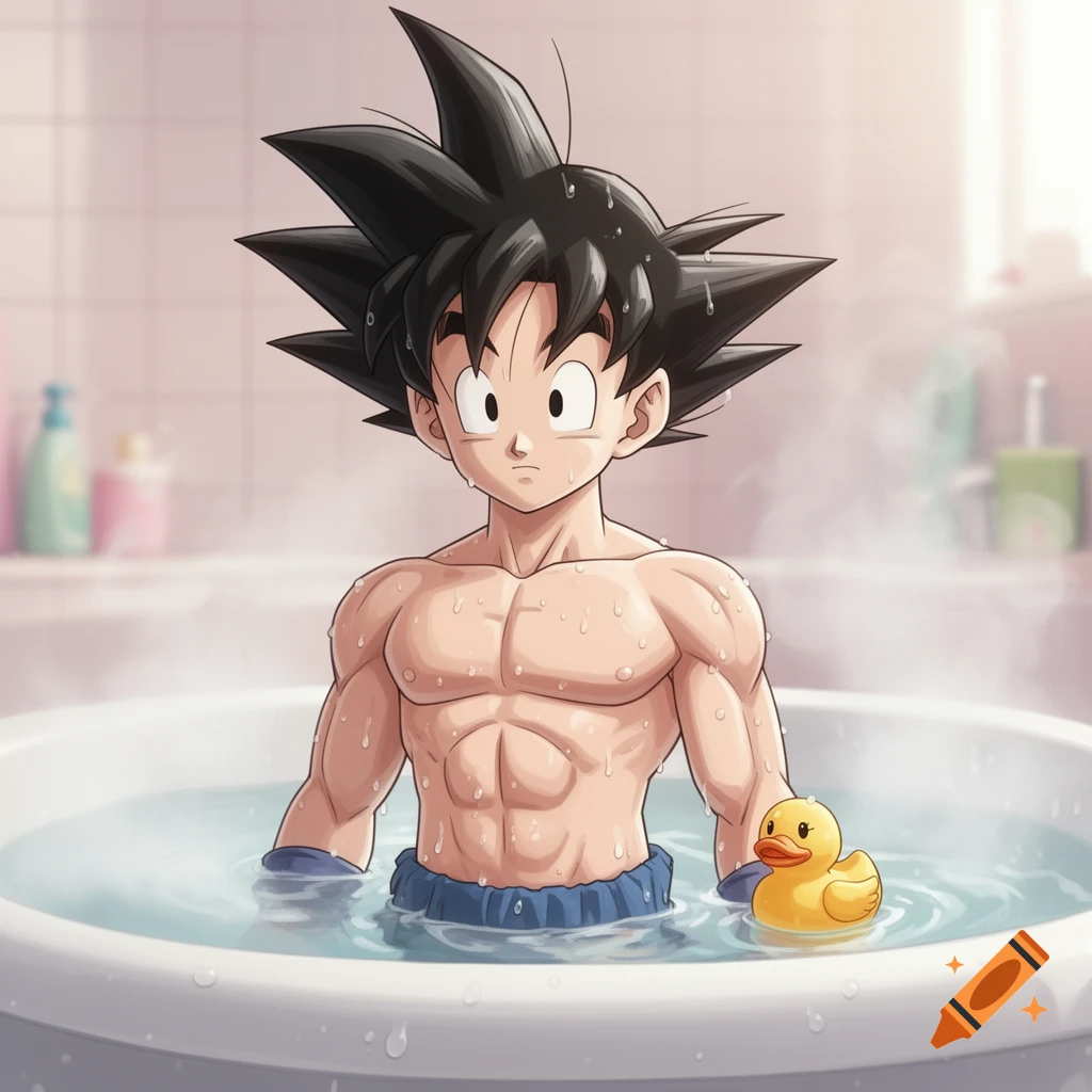 Anime style depiction of Kid Gohan in a bathtub with a rubber duck.