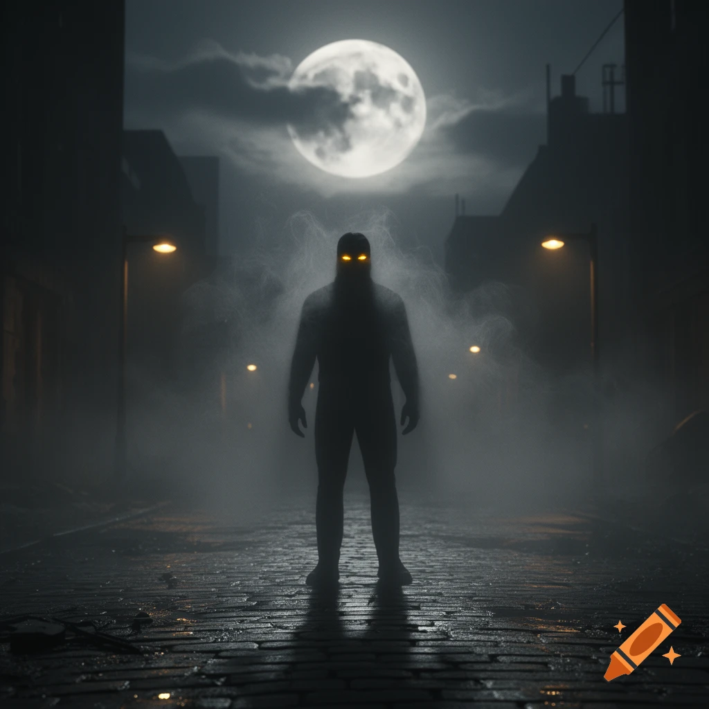 A mysterious silhouetted figure with glowing yellow eyes stands in a foggy, dark alley under a full moon, with streetlights visible in the background.