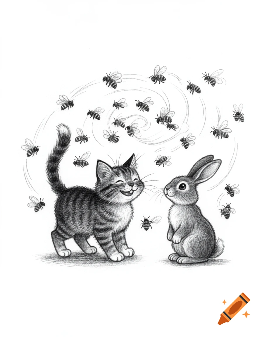 A pencil and charcoal drawing of a smiling cat and a rabbit surrounded by flying bees.