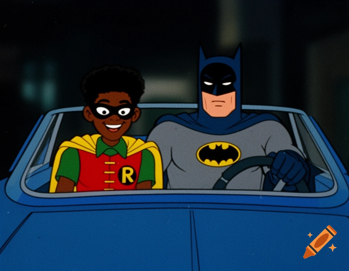 Batman and a Black teenage Robin in a blue Batmobile, 1970s retro cartoon style.
