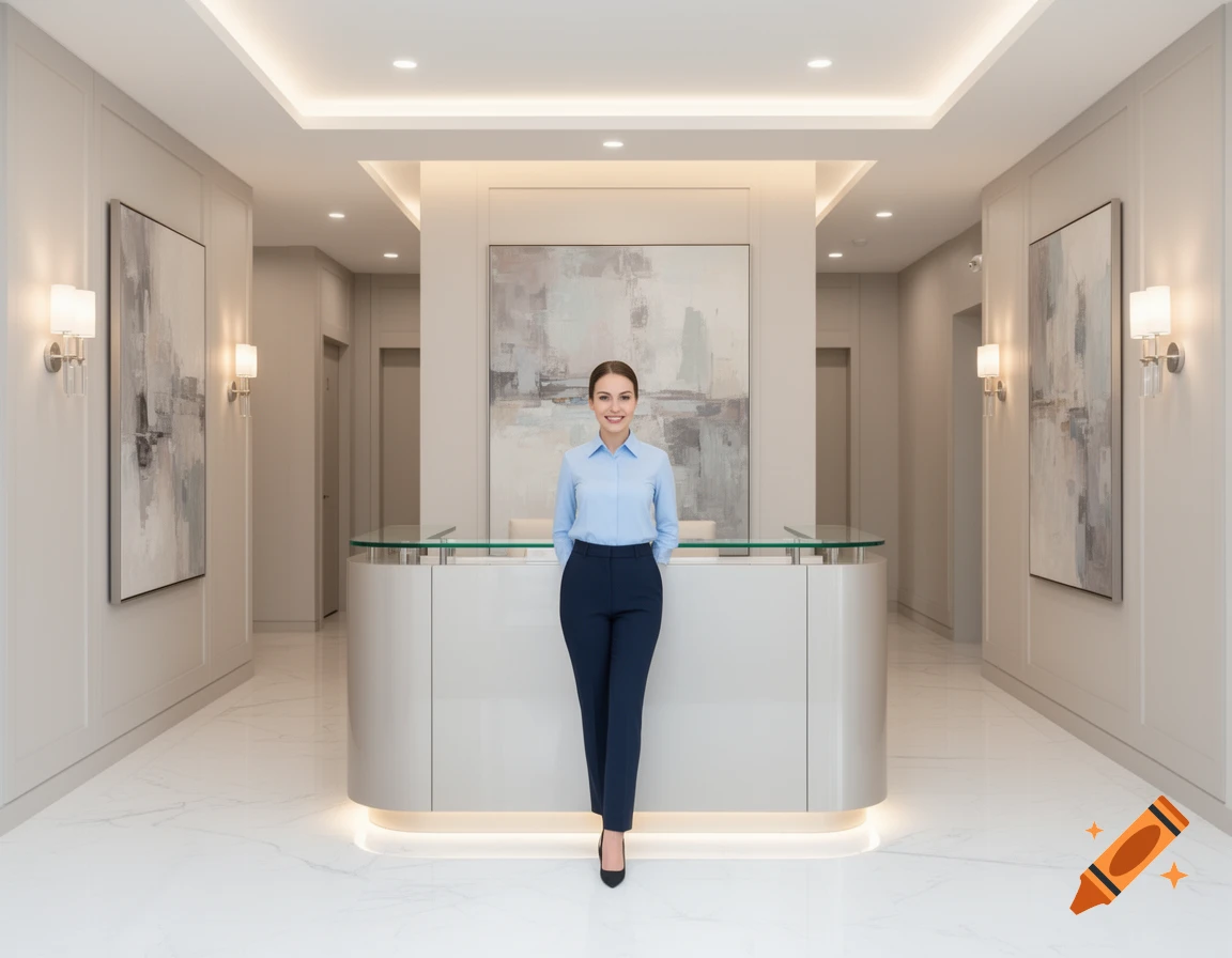 A smiling woman in a blue shirt and dark pants stands in a modern, brightly lit reception area with a sleek desk.