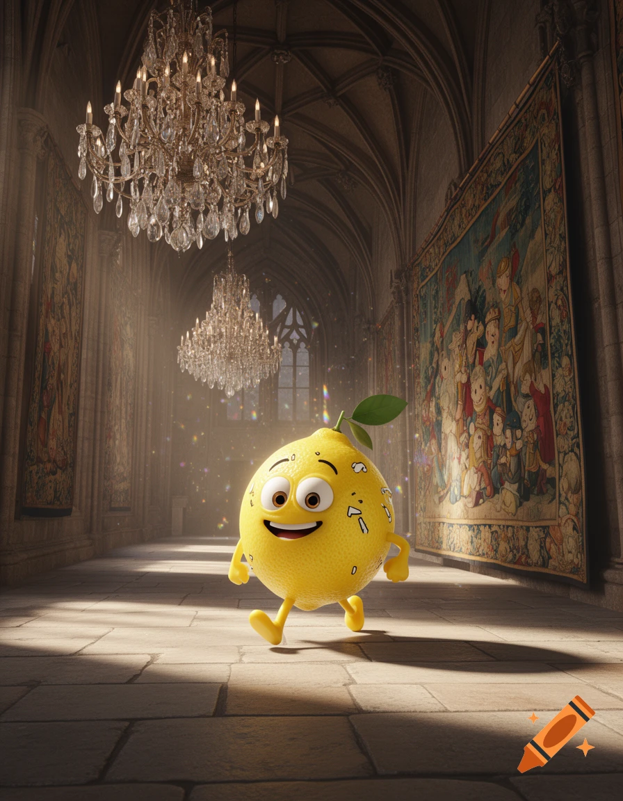 A happy cartoon 3D lemon character with arms and legs walks through a grand castle hall with ornate chandeliers and tapestries.