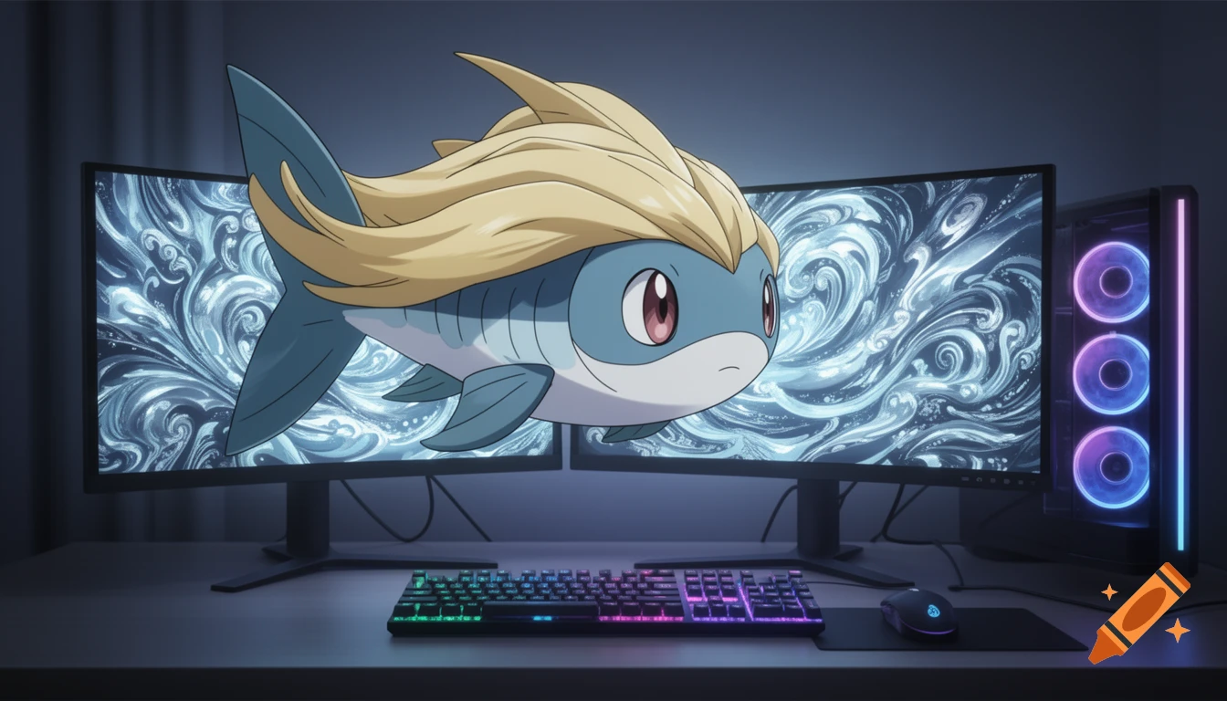 An anime-style fish with blonde hair floats in front of a gaming desk with two curved monitors displaying blue swirls, an RGB keyboard, mouse, and glowing PC tower.