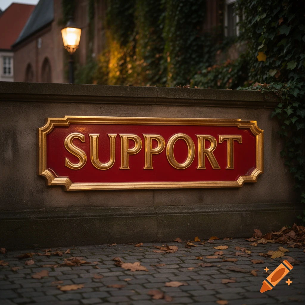 A red and gold sign with 'SUPPORT' on a stone wall, set against a blurred background of a lit lamppost, ivy, and old buildings.