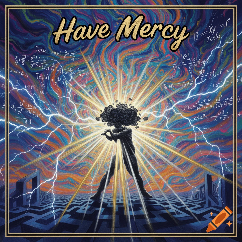 Abstract figure with a swirling dark head emits golden light and lightning in a maze, surrounded by equations and 'Have Mercy' text.