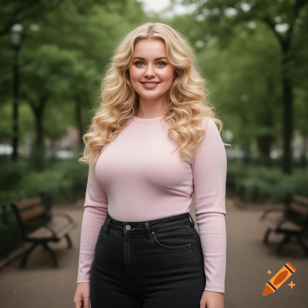 Photorealistic portrait of a smiling young blonde woman with wavy hair, wearing a pink shirt and black jeans, in a park.
