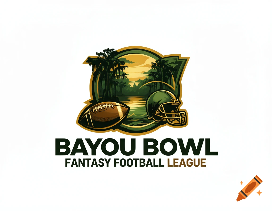 Logo for Bayou Bowl Fantasy Football League with a football, helmet, and bayou landscape.