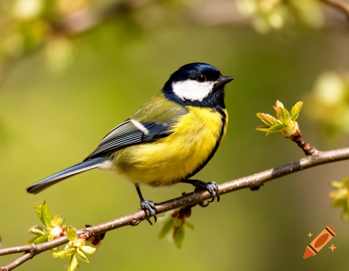 A colorful great tit with yellow, black, and white plumage perches on a tree branch with green leaves and a blurred green background.