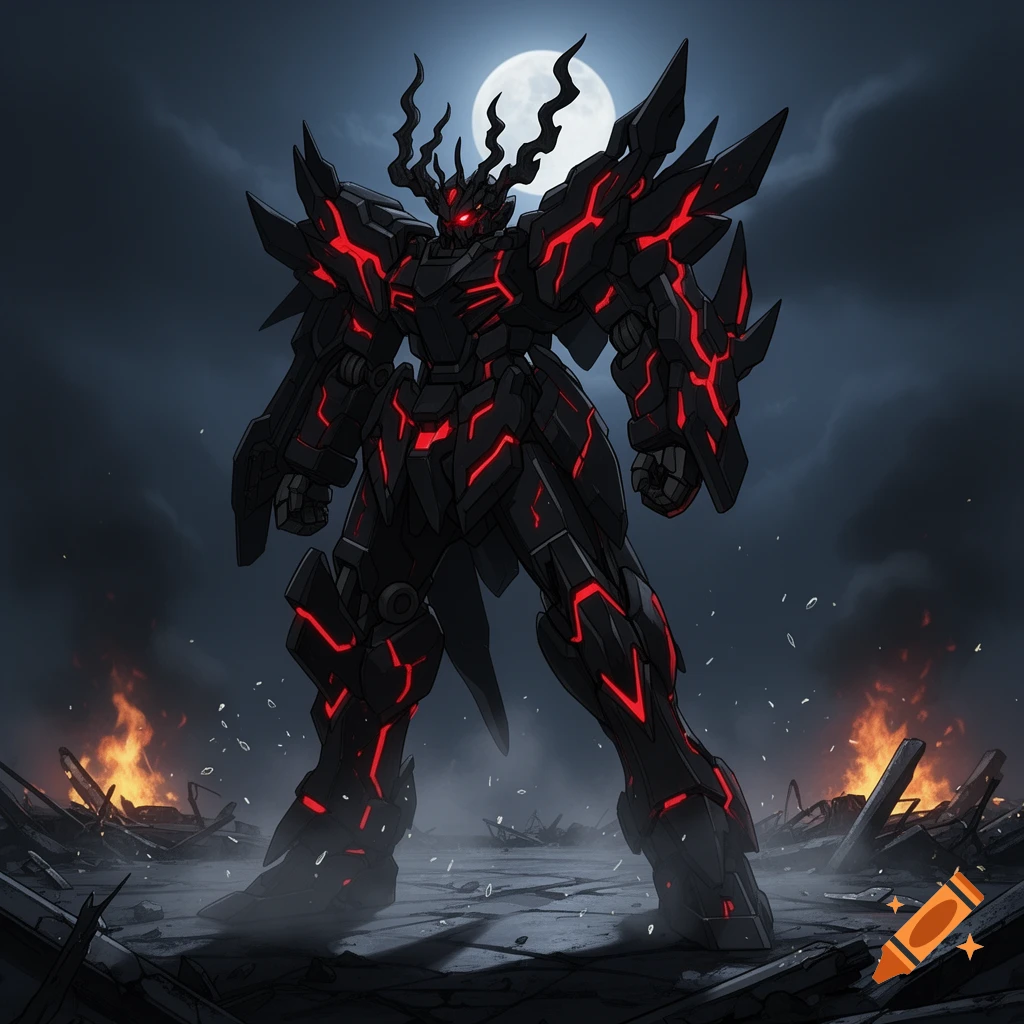 A dark, demonic-looking mecha with glowing red accents stands in a ruined, fiery landscape under a full moon.