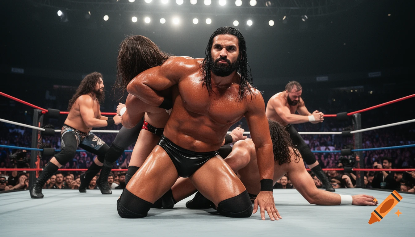 Muscular male wrestlers with long hair and beards grapple in a brightly lit ring, surrounded by a crowd.