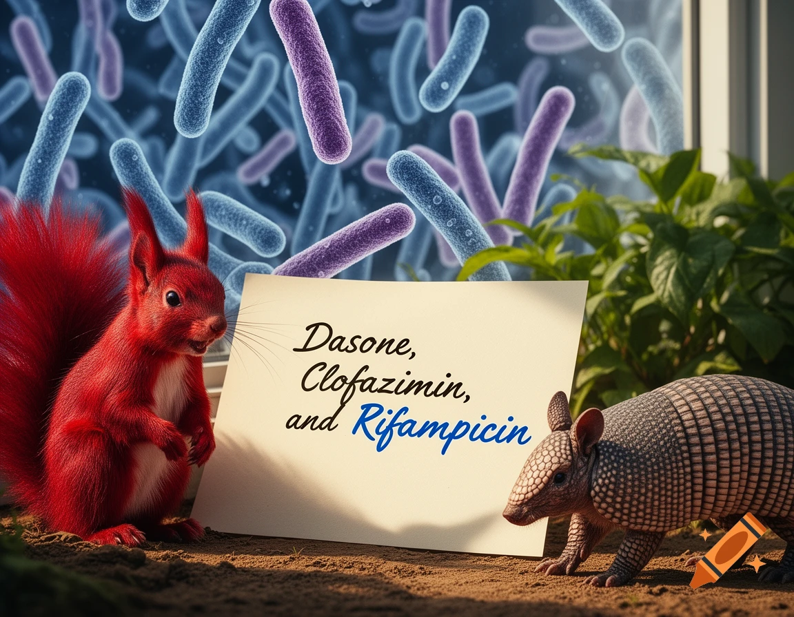 A red squirrel and an armadillo stand on dirt next to a note listing 'Dasone, Clofazimin, and Rifampicin' against a blurred background of blue and purple bacteria.