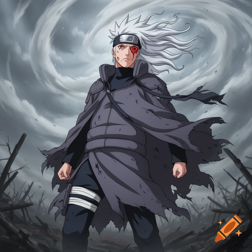 Anime character with white hair and a red eye, wearing a torn dark coat against a stormy, desolate background.