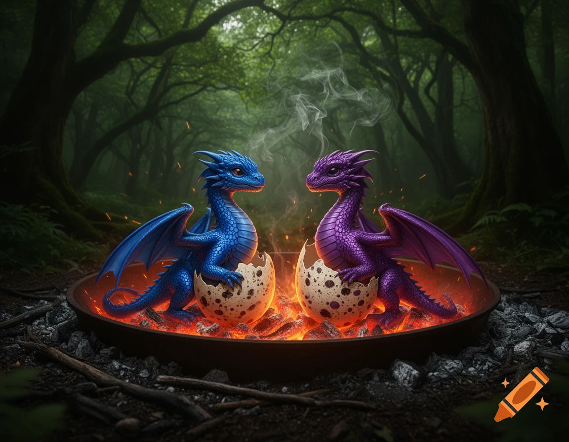 Two vibrant dragon hatchlings, one blue and one purple, emerge from speckled eggs in a glowing fire pit within a dark forest.