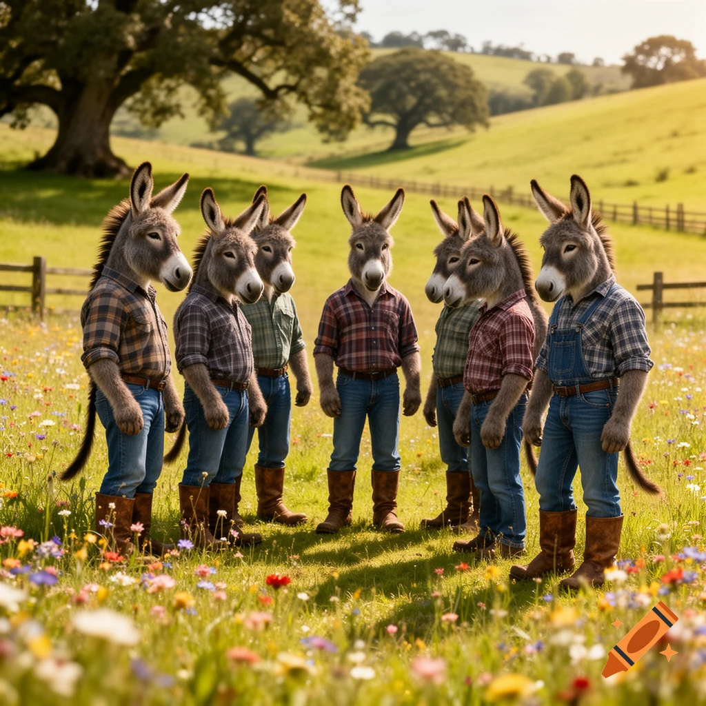 Six anthropomorphic donkeys wearing plaid shirts, jeans, and boots stand in a sunny field of wildflowers.