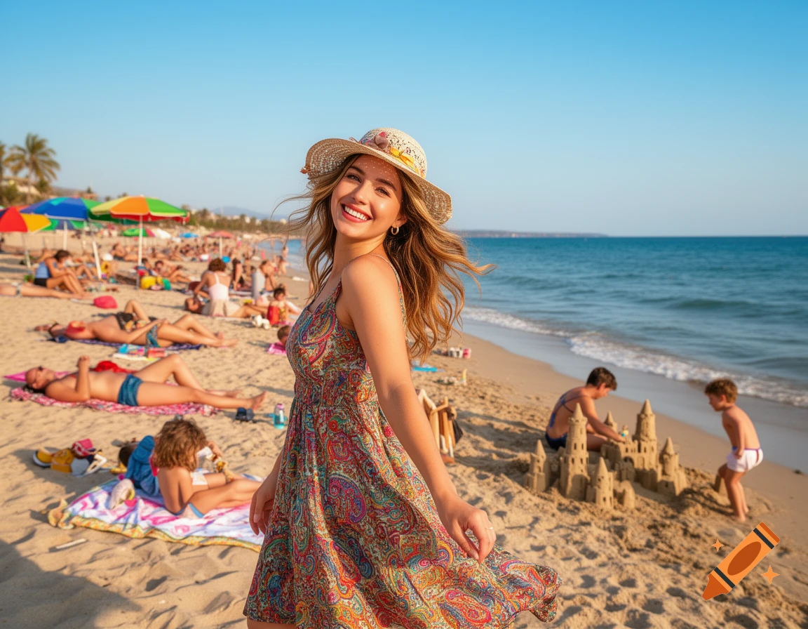 A smiling woman in a patterned sundress and straw hat poses on a sunny beach, with people, umbrellas, and sandcastles in the background, and blue ocean.