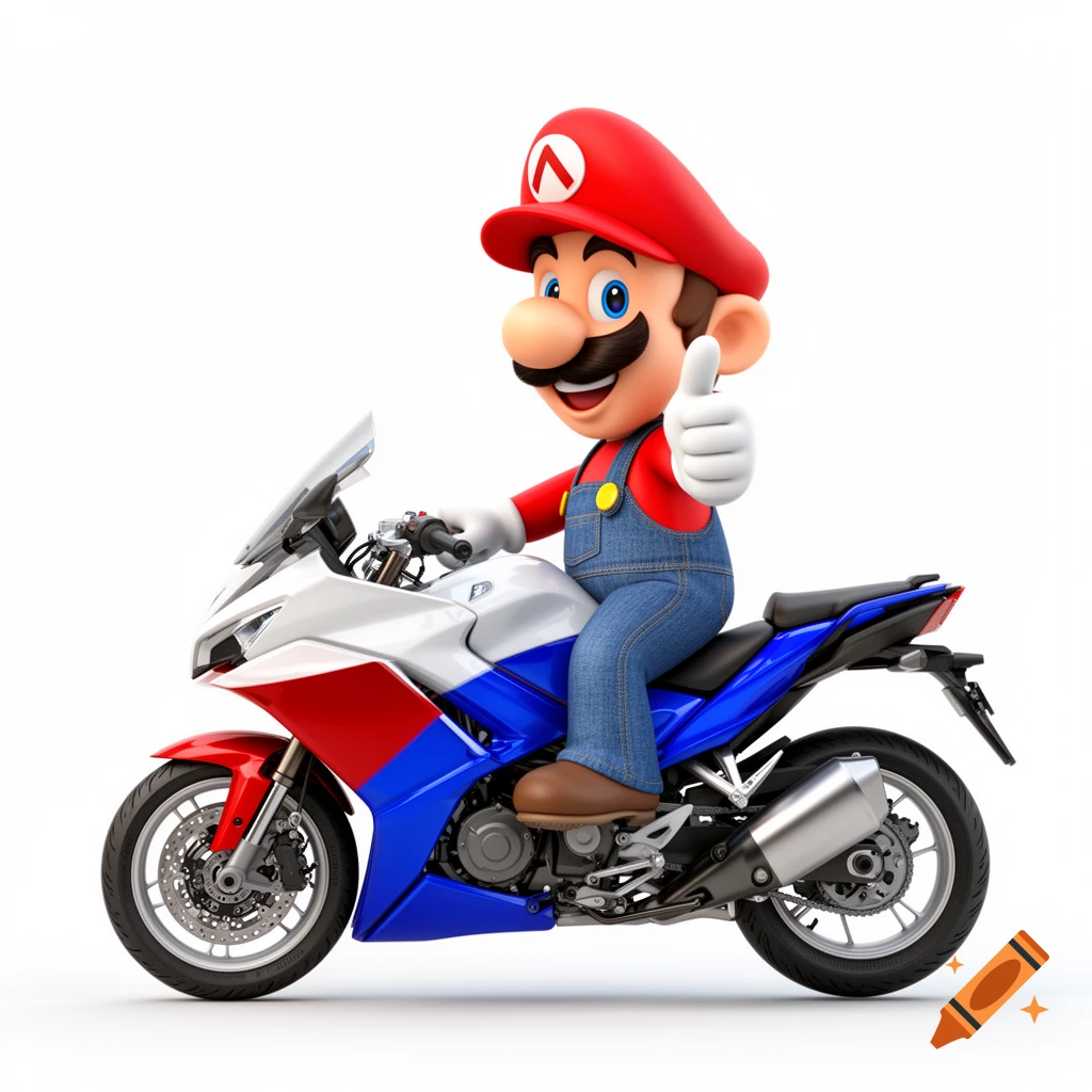 3D cartoon Mario on a red, white, and blue motorcycle, giving a thumbs-up against a plain white background.