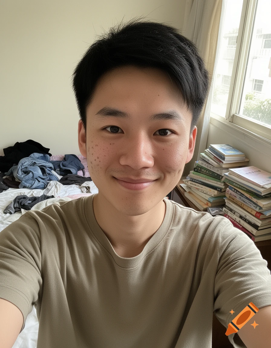 A young East Asian man smiles, taking a selfie in a messy bedroom with a window.