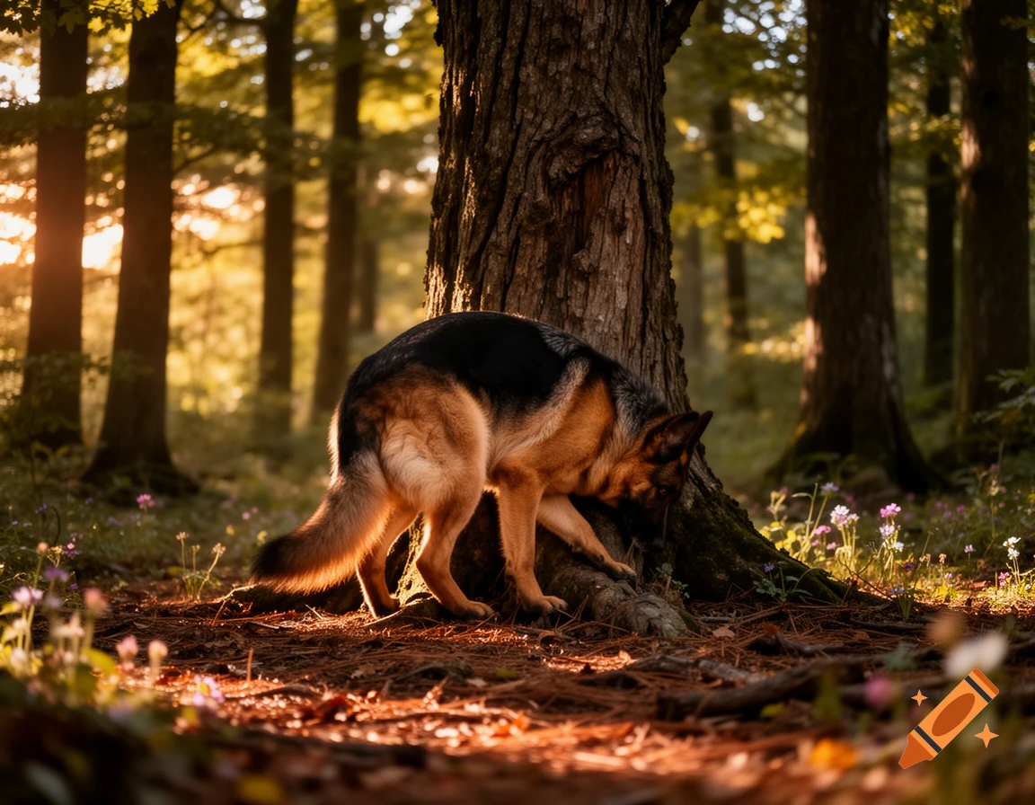 A German Shepherd dog sniffs the base of a large tree in a sunlit forest during golden hour.