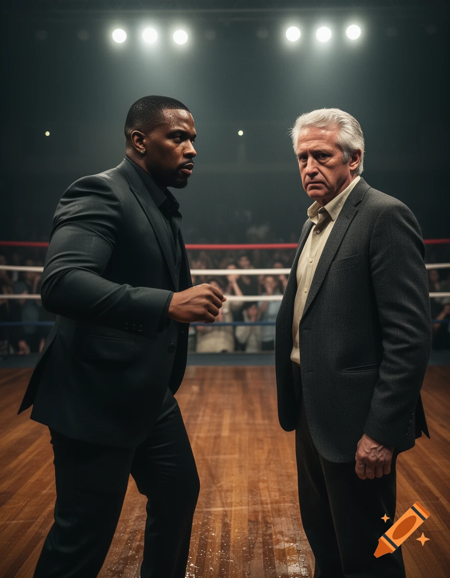 Two men in dark suits stand tense in a boxing ring under bright spotlights, a blurry audience in the background. Photorealistic style.