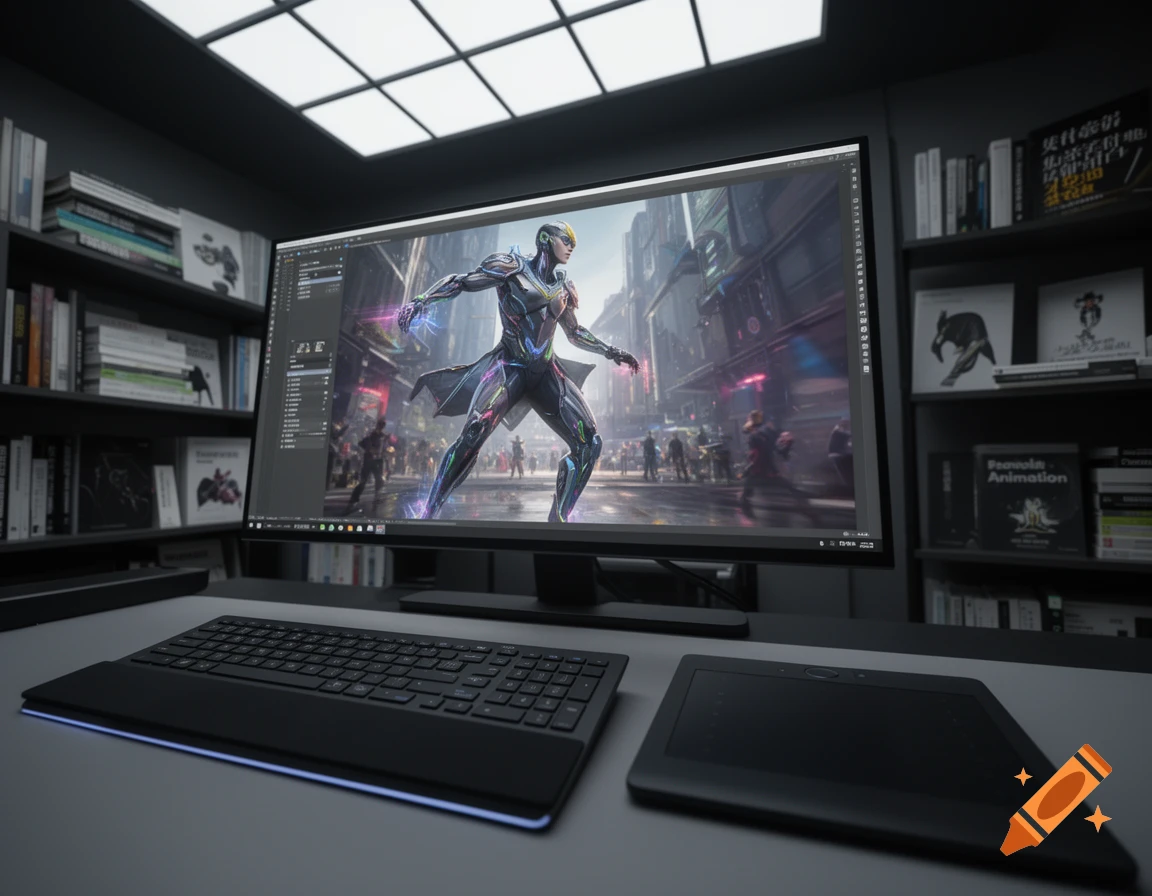 A dark workspace with a keyboard, a black digital tablet, and a monitor displaying a futuristic character in a sci-fi city scene. Bookshelves line the walls.
