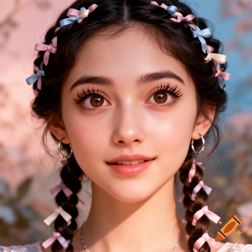 A young woman with dark braided hair and colorful ribbons, large brown eyes, and silver hoop earrings smiles softly against a blurry pastel background.