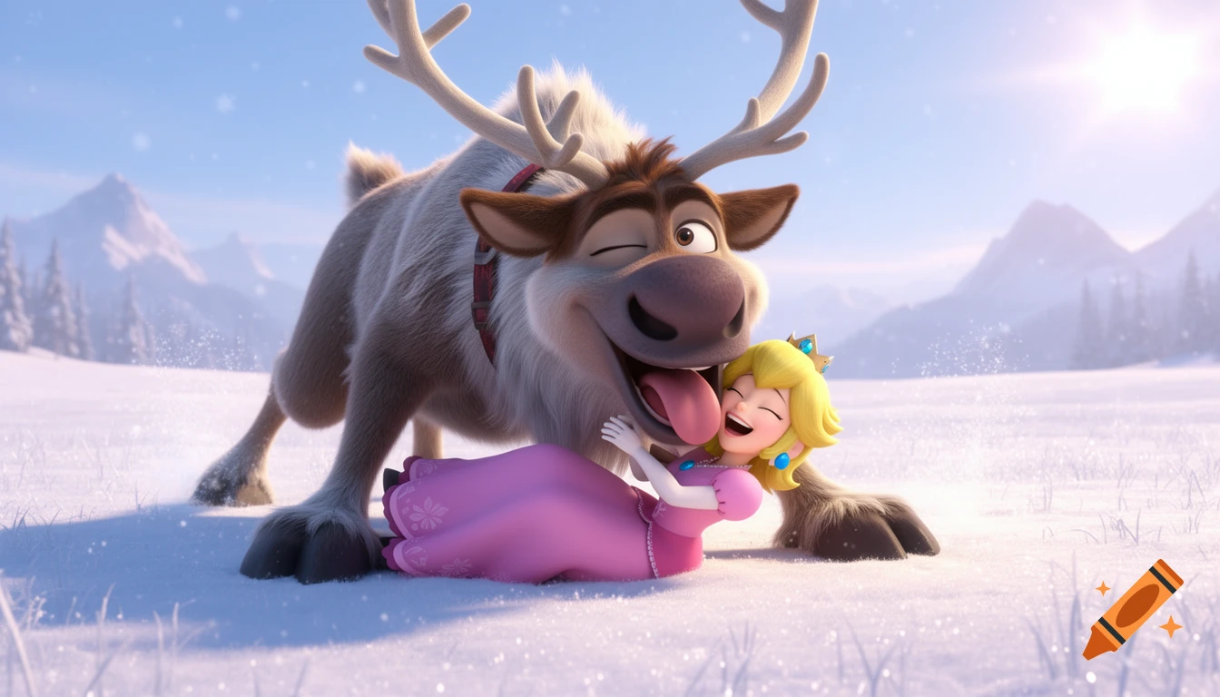 Sven the reindeer playfully licks a laughing Princess Peach in a snowy mountain landscape, rendered in a 3D animated style.
