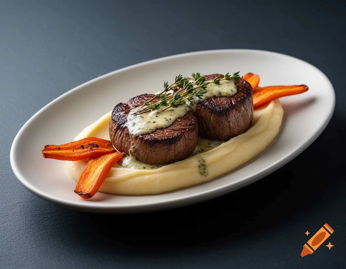 Two seared meat medallions topped with creamy herb sauce and thyme, served on a bed of mashed potatoes with roasted carrots on a white elliptical plate.