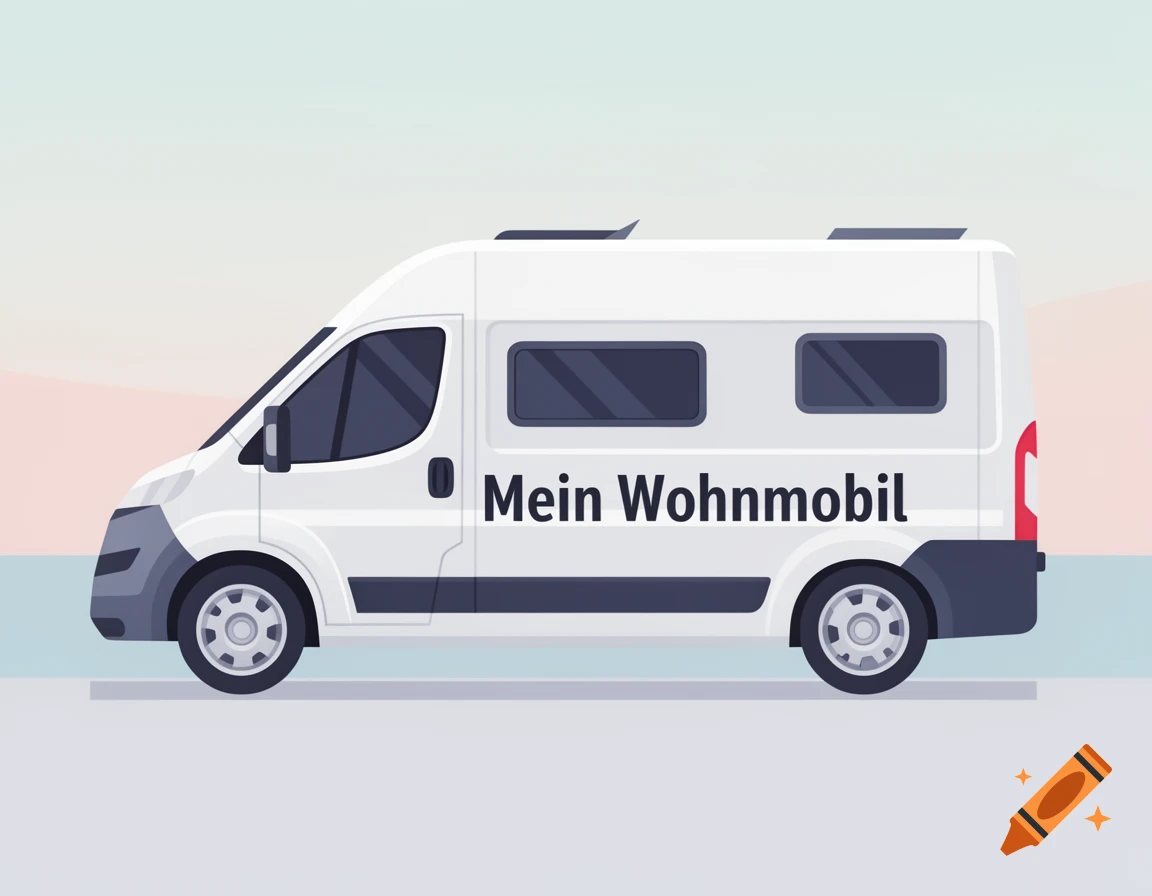 An illustration of a white camper van with gray accents and the text 'Mein Wohnmobil' on its side, against a light gradient background.