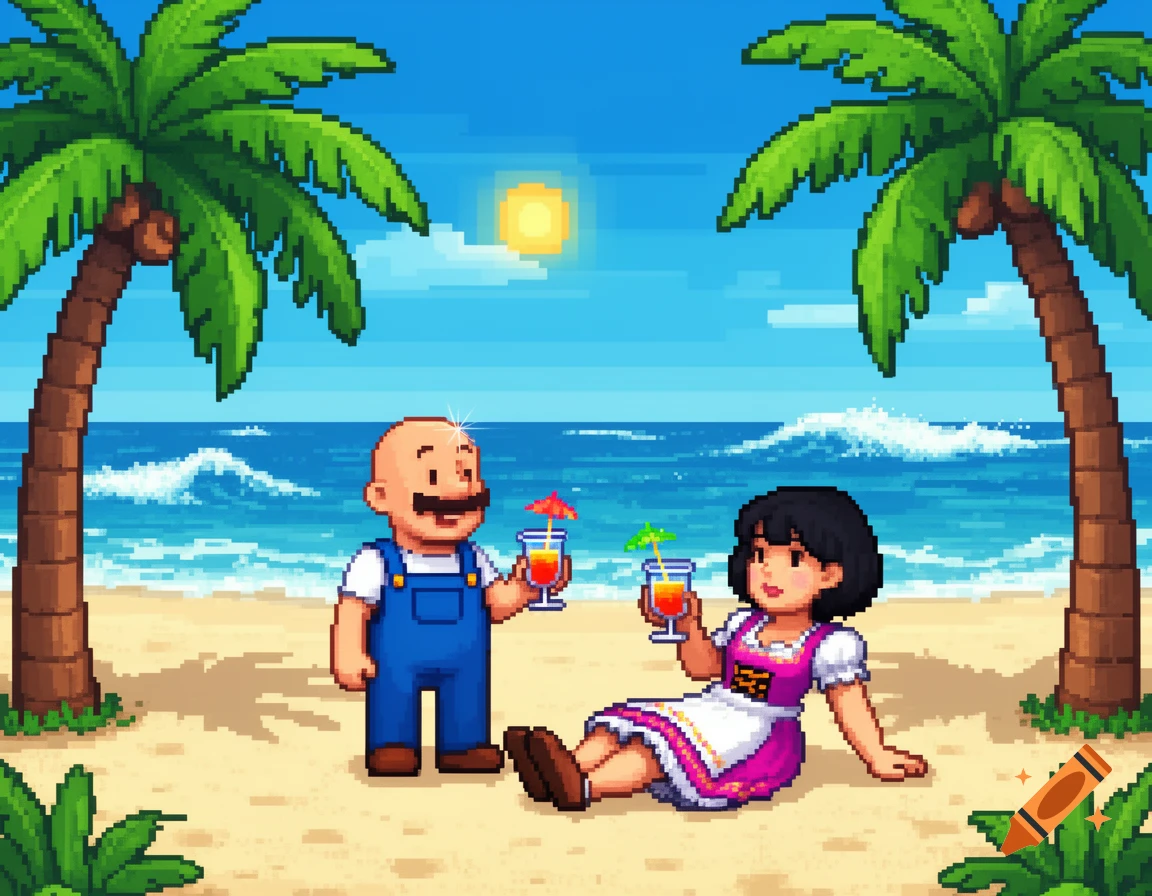 Pixel art of a bald man in blue overalls and a woman in a dirndl enjoying cocktails on a sandy beach under palm trees.