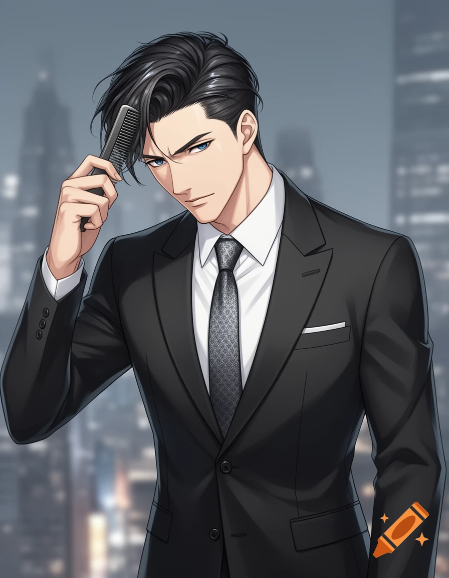 Anime-style drawing of a man in a black suit combing his dark hair, with a blurred cityscape background.