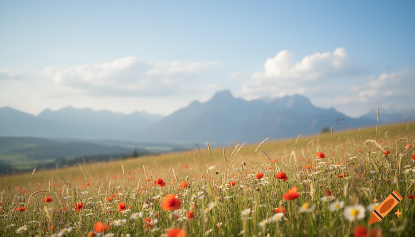 A photorealistic landscape featuring a field of red poppies and white daisies in the foreground, with distant mountains under a blue sky.