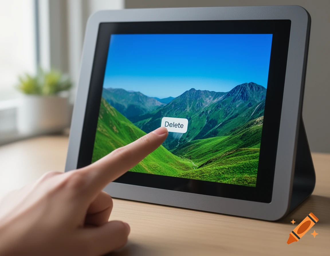 A hand taps a tablet screen showing a vibrant green mountain landscape and a 'Delete' button.
