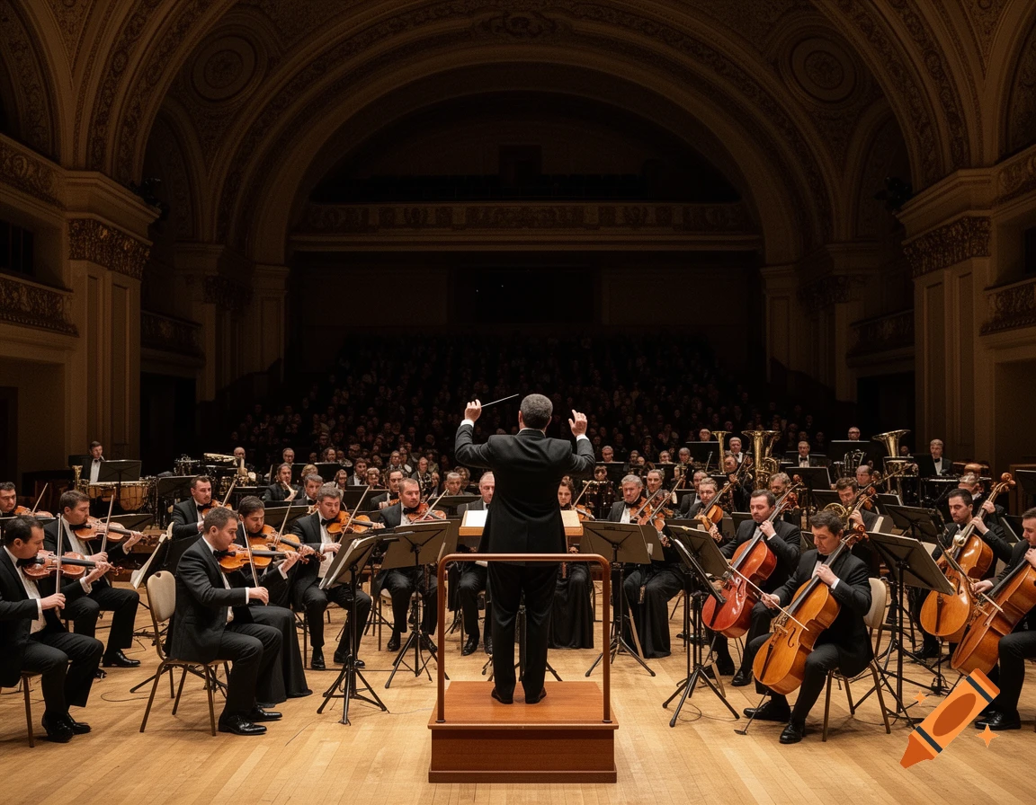 A conductor stands with his back to the viewer, leading a large orchestra on stage in a grand concert hall filled with an audience.