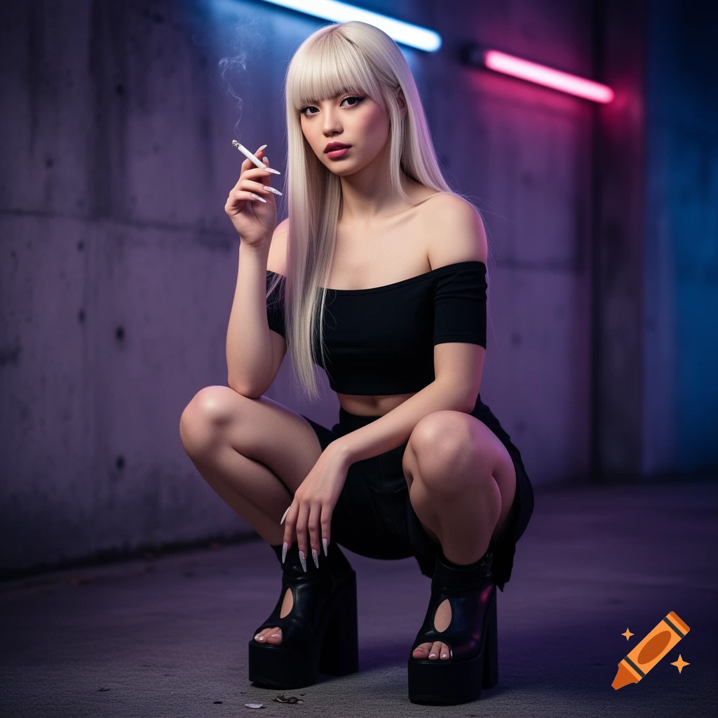 A woman with platinum blonde hair, an off-shoulder crop top, and platform boots squats, smoking a cigarette in a neon-lit urban setting.