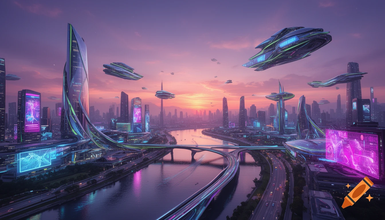 Vibrant futuristic cityscape at sunset with neon-lit buildings, elevated highways, a river, and flying vehicles.