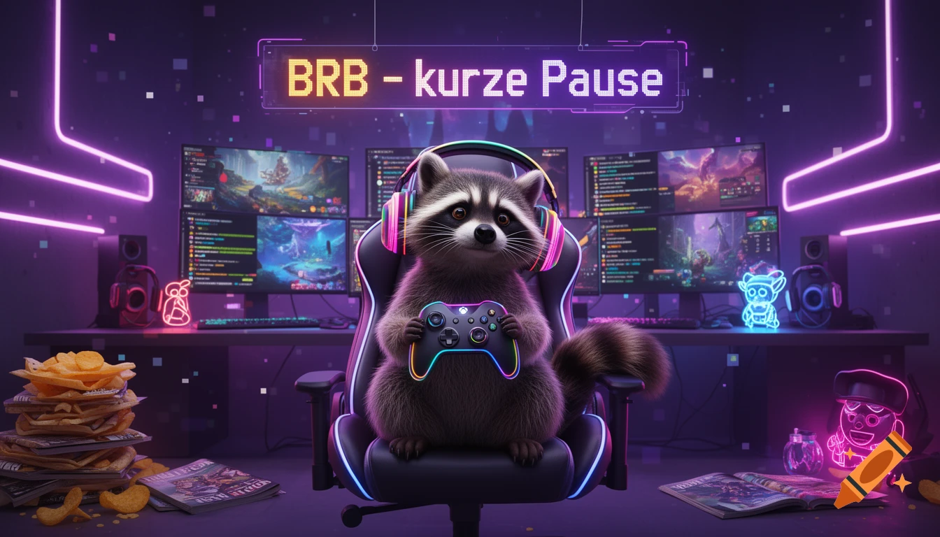 A cartoon raccoon with headphones holds a glowing game controller in a neon-lit gaming setup with multiple screens and "BRB - kurze Pause" text.